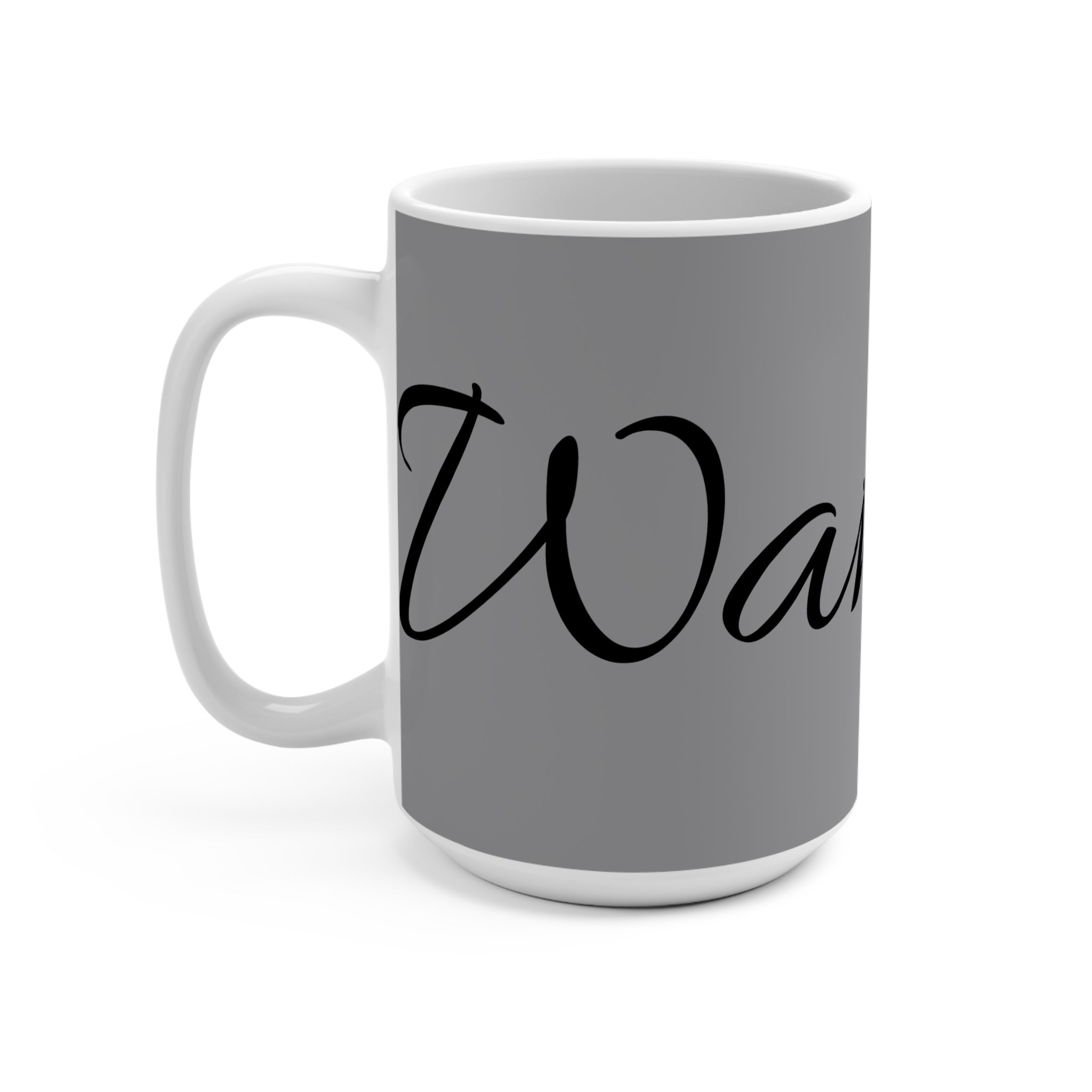 15oz Ceramic Mug — 'Wake Up' Script Coffee Cup, Neutral Gray Morning Motivation Gift