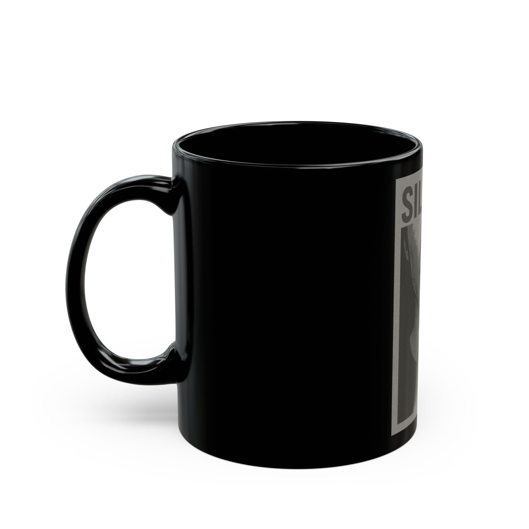Silence Graphic Mug — Black 11oz/15oz Coffee Cup with Shh Finger Design