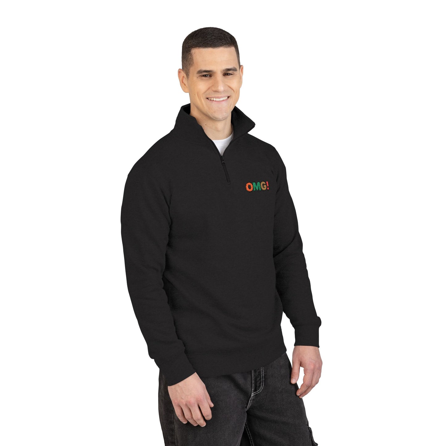 Embroidered 'OMG!' Fleece Pullover — Cozy Casual Quarter-Zip Sweatshirt