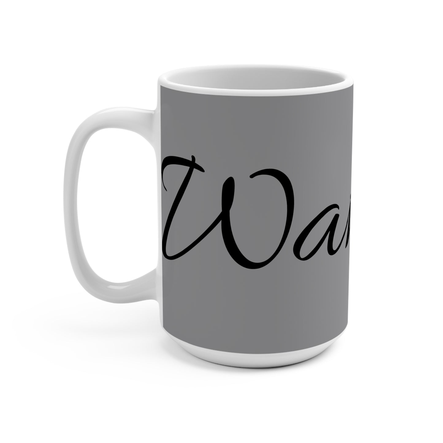 15oz Ceramic Mug — 'Wake Up' Script Coffee Cup, Neutral Gray Morning Motivation Gift