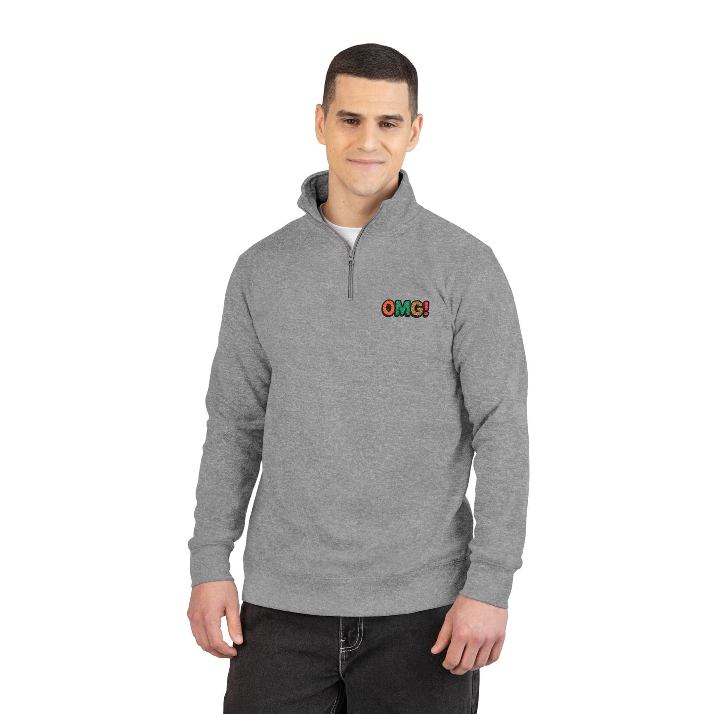 Embroidered 'OMG!' Fleece Pullover — Cozy Casual Quarter-Zip Sweatshirt