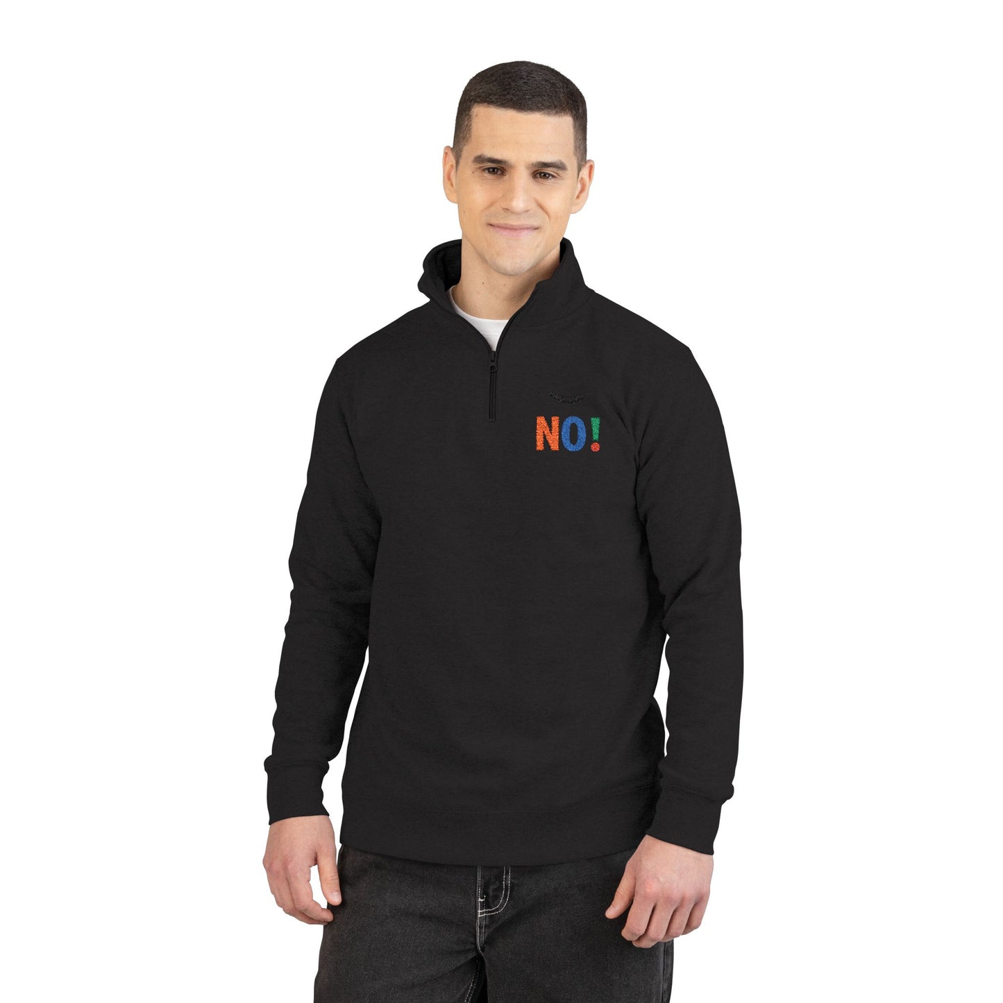 Embroidered 'NO!' Fleece Pullover — Cozy Casual Half‑Zip Sweatshirt