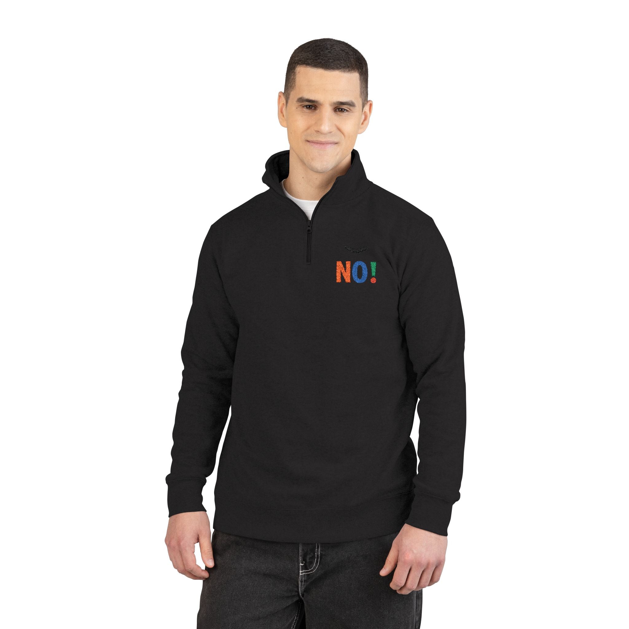 Embroidered 'NO!' Fleece Pullover — Cozy Casual Half‑Zip Sweatshirt
