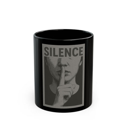 Silence Graphic Mug — Black 11oz/15oz Coffee Cup with Shh Finger Design