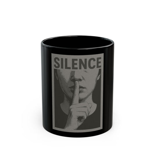 Silence Graphic Mug — Black 11oz/15oz Coffee Cup with Shh Finger Design