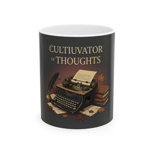 Cultivator of Thoughts Ceramic Mug — Vintage Typewriter Coffee Cup for Writers & Readers