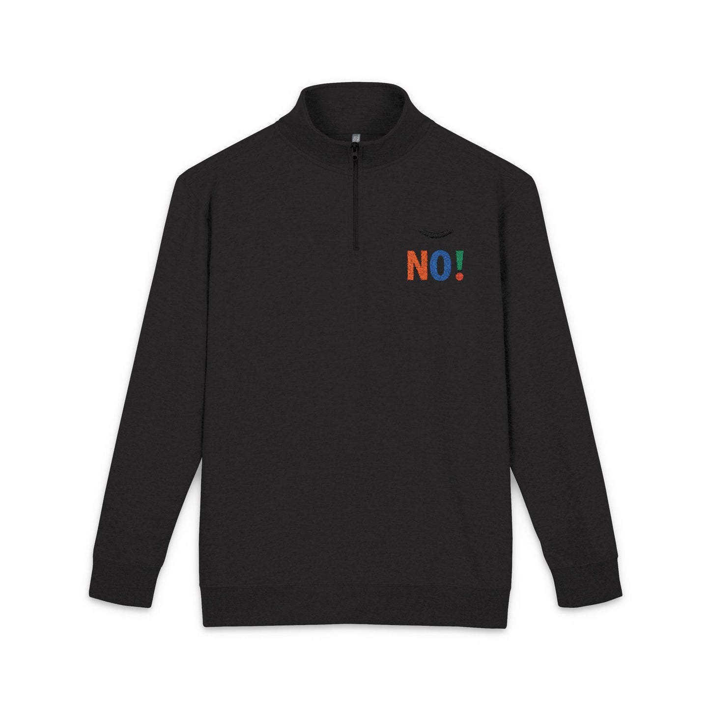 Embroidered 'NO!' Fleece Pullover — Cozy Casual Half‑Zip Sweatshirt