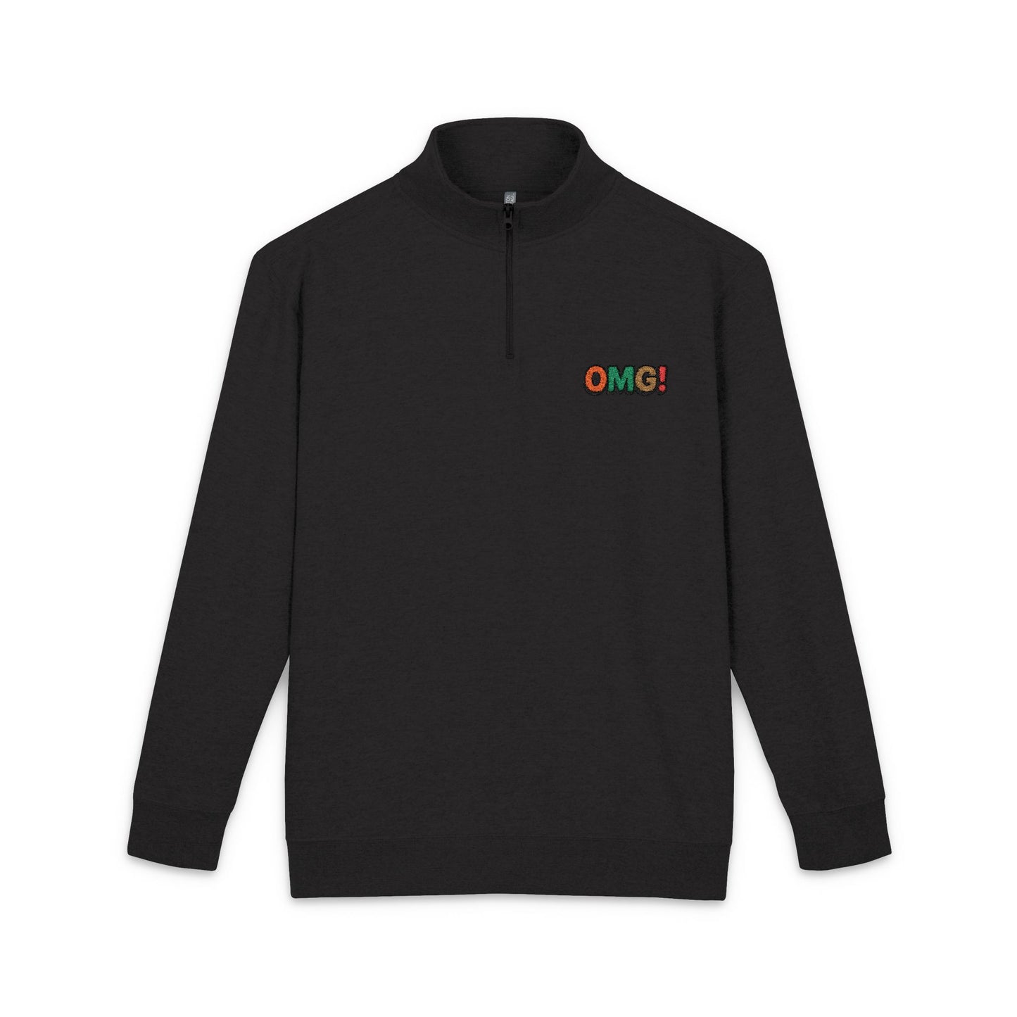 Embroidered 'OMG!' Fleece Pullover — Cozy Casual Quarter-Zip Sweatshirt
