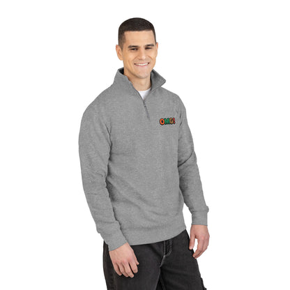 Embroidered 'OMG!' Fleece Pullover — Cozy Casual Quarter-Zip Sweatshirt