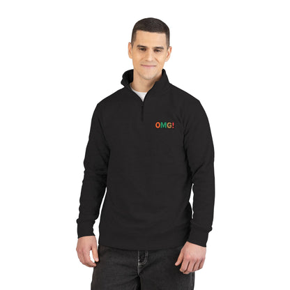Embroidered 'OMG!' Fleece Pullover — Cozy Casual Quarter-Zip Sweatshirt