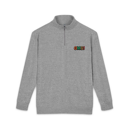 Embroidered 'OMG!' Fleece Pullover — Cozy Casual Quarter-Zip Sweatshirt