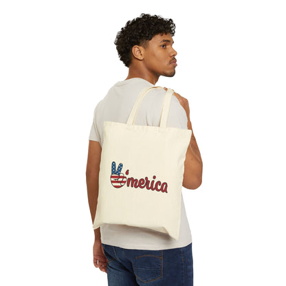'Merica Peace Sign Tote Bag — Patriotic Cotton Canvas Grocery & Beach Tote