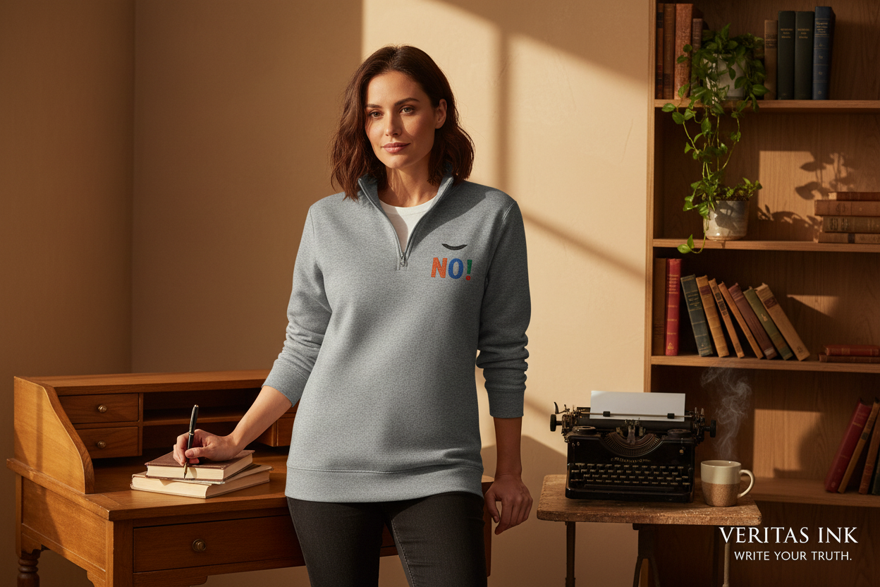 Female model wearing Embroidered NO! Fleece Pullover