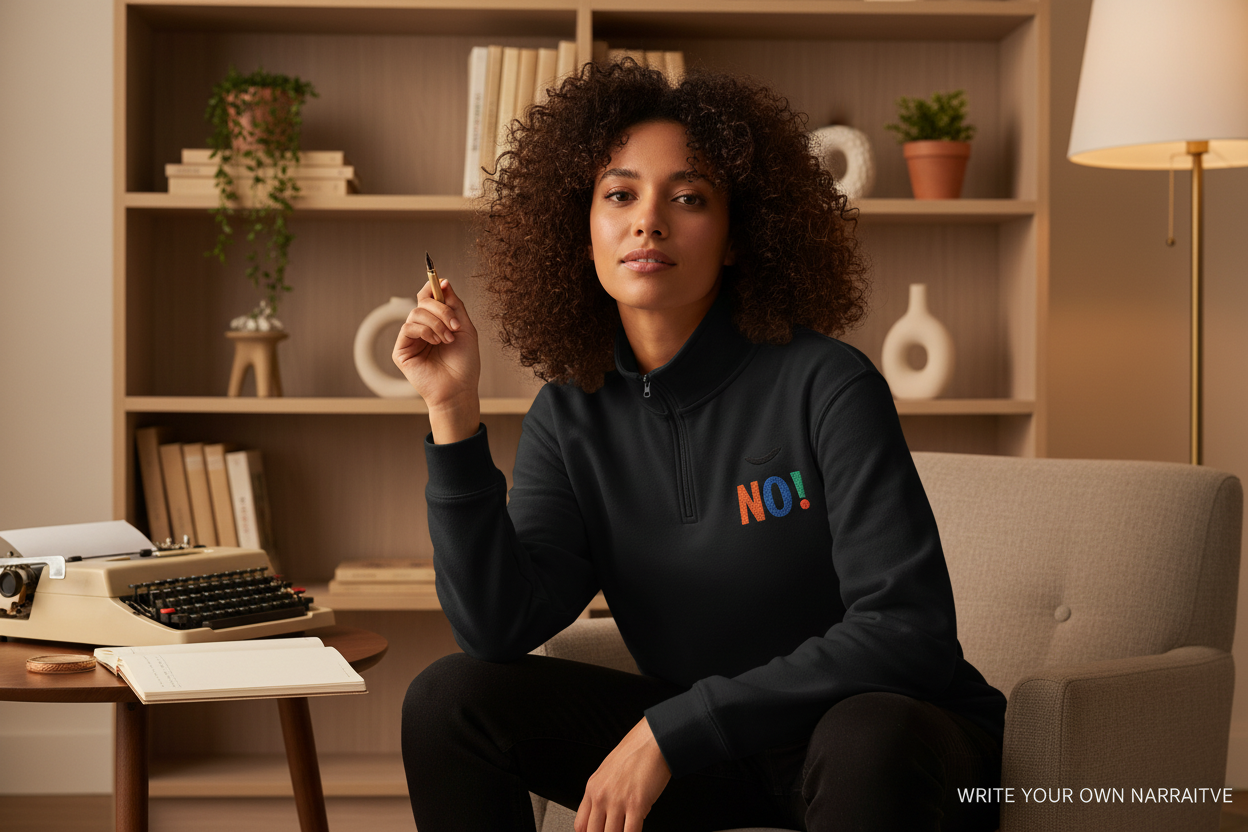Female model wearing black Embroidered NO! Fleece Pullover
